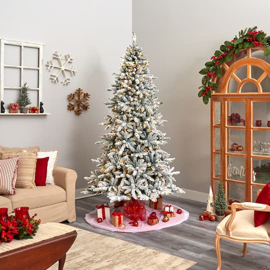 8ft. Pre-Lit Flocked Livingston Fir Artificial Christmas Tree with Pinecones, Clear LED Lights